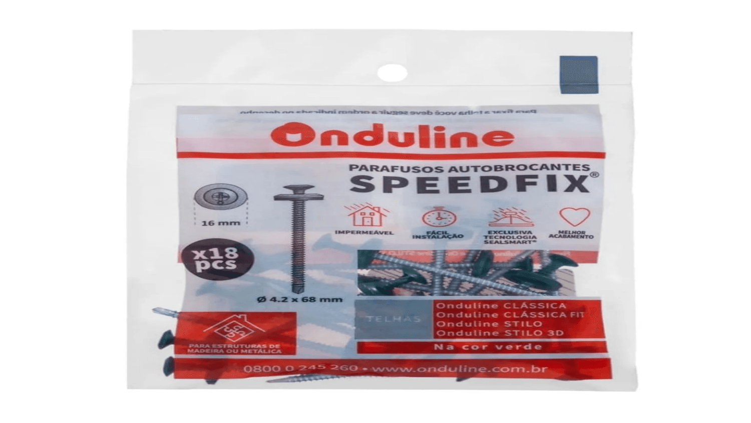 KIT PARAFUSO SPEEDFIX ONDULINE VERDE 4,2 X 68 MM- 18 UN