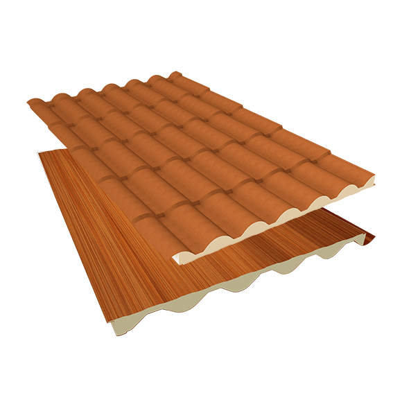 Telha Sanduíche Térmica Colonial PIR 40mm - Aço Terracota com Forro em Aço Amadeirado Escuro